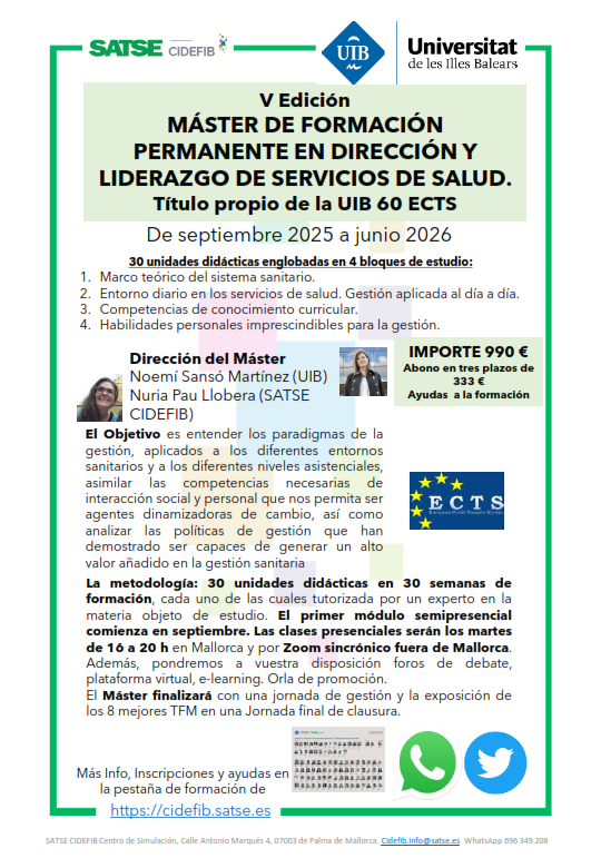 PREINSCRIPCIÓN MASTER EN DIRECCIÓN Y LIDERAZGO DE SERVICIOS DE SALUD. SATSE_UIB_CIDEFIB_2026